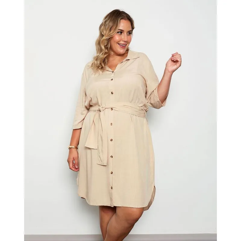 Chemise Plus Size Feminino Botões Liso Bege G1