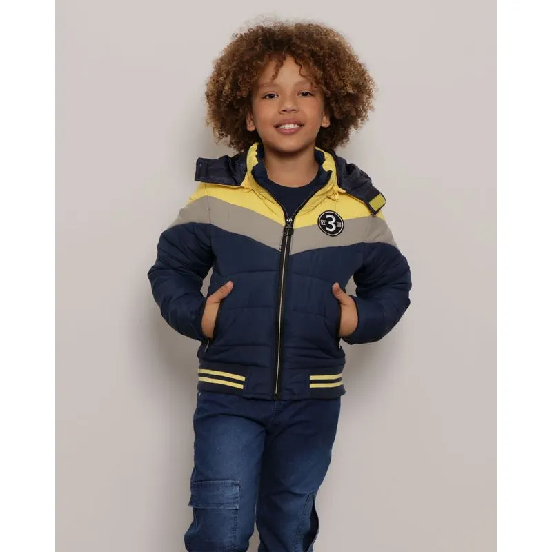 Jaqueta Infantil Puffer Capuz Com Zíper Removível Marinho e Amarela 4