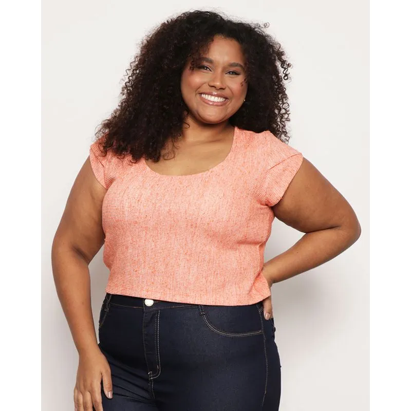 Blusa Plus Size Feminina Manga Curta Cropped Moletinho Laranja G3