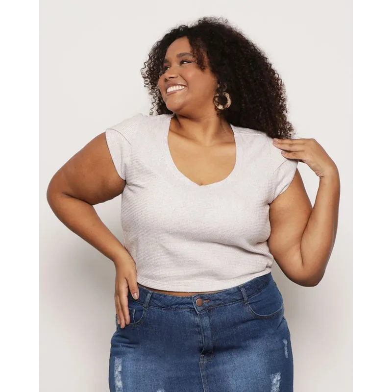 Blusa Plus Size Feminina Manga Curta Cropped Moletinho Bege G2