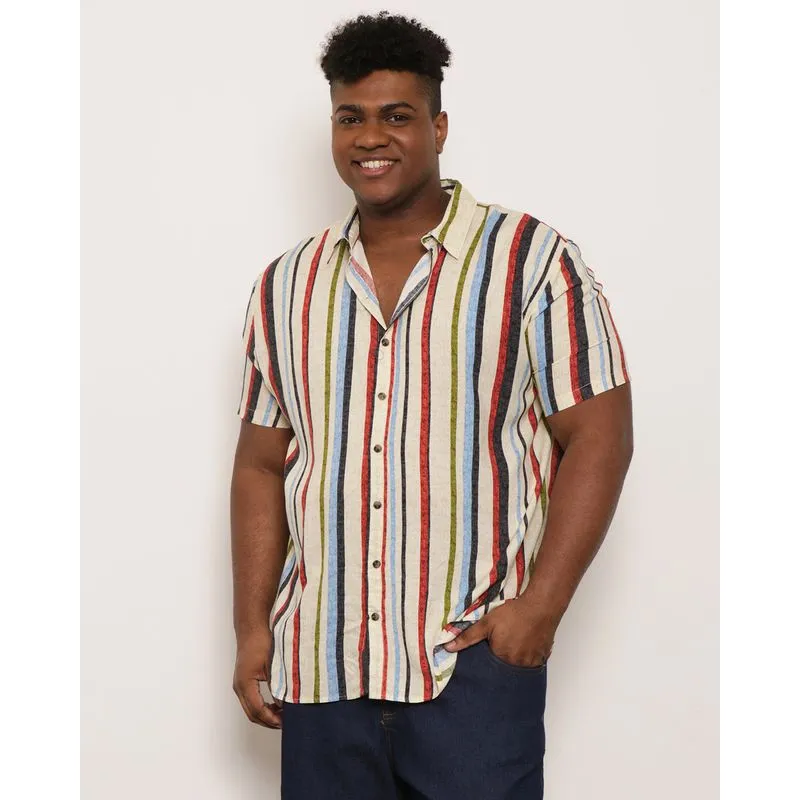 Camisa Plus Size Masculina Manga Curta Estampa Listrada Bege G1