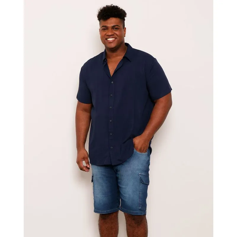 Camisa Plus Size Masculina Casual Viscose Marinho G2