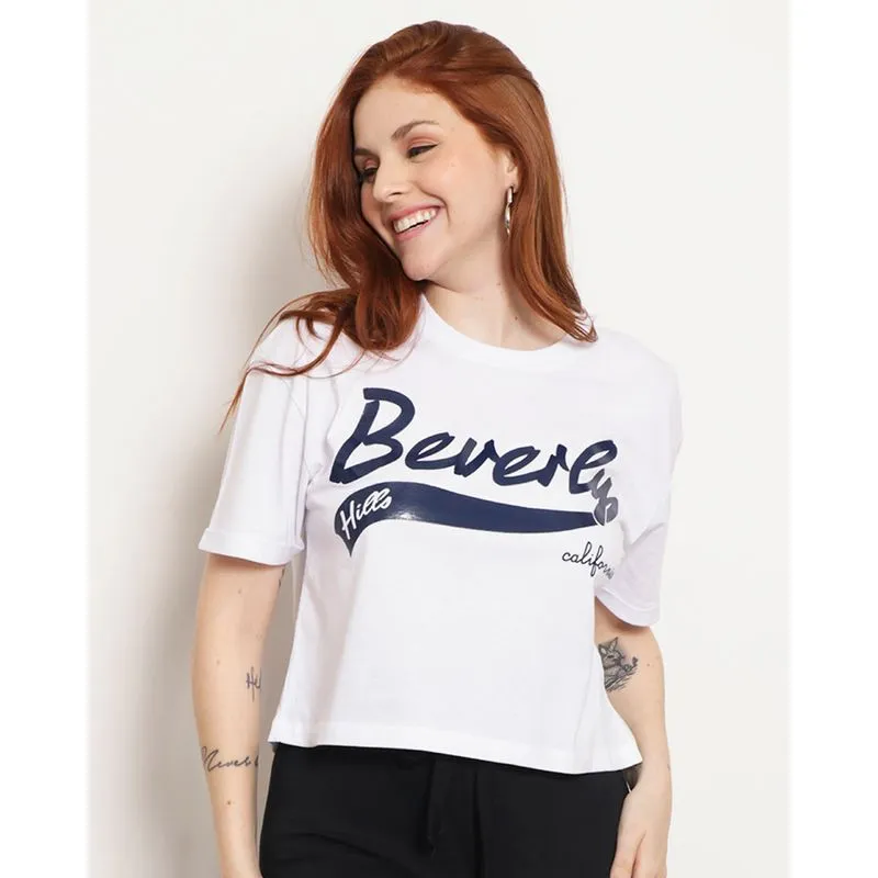 Blusa Feminina Cropped Manga Curta Estampa Frontal Branca M