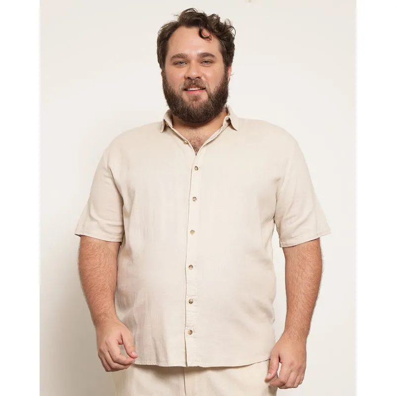 Camisa Plus Size Masculina Manga Curta Viscolinho Bege G3