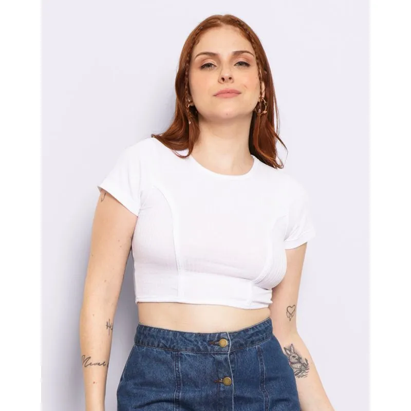 Blusa Feminina Cropped Manga Curta Canelada Branca P