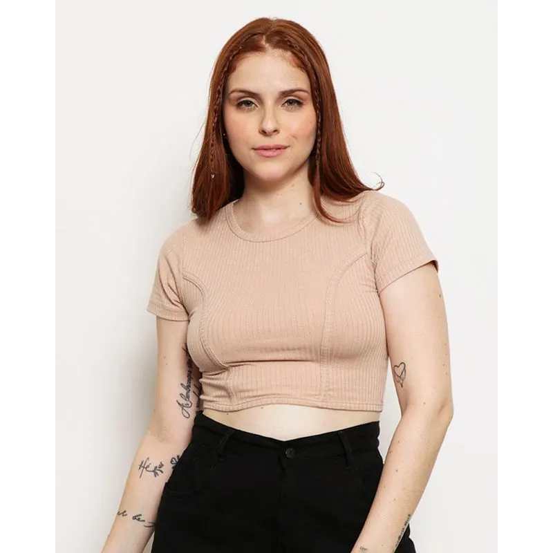 Blusa Feminina Cropped Manga Curta Canelada Bege P