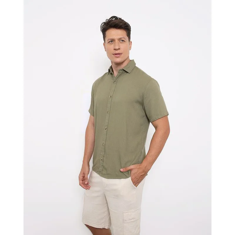 Camisa Masculina Manga Curta Linho Com Botões Verde P
