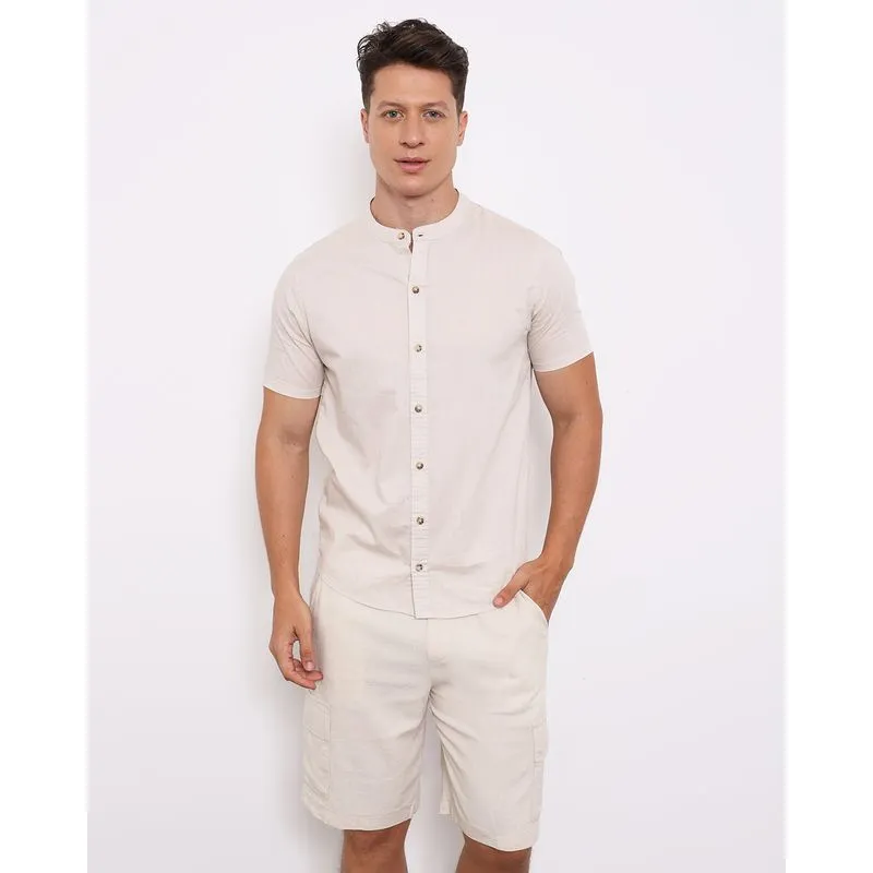 Camisa Masculina Linho Manga Curta Bege G