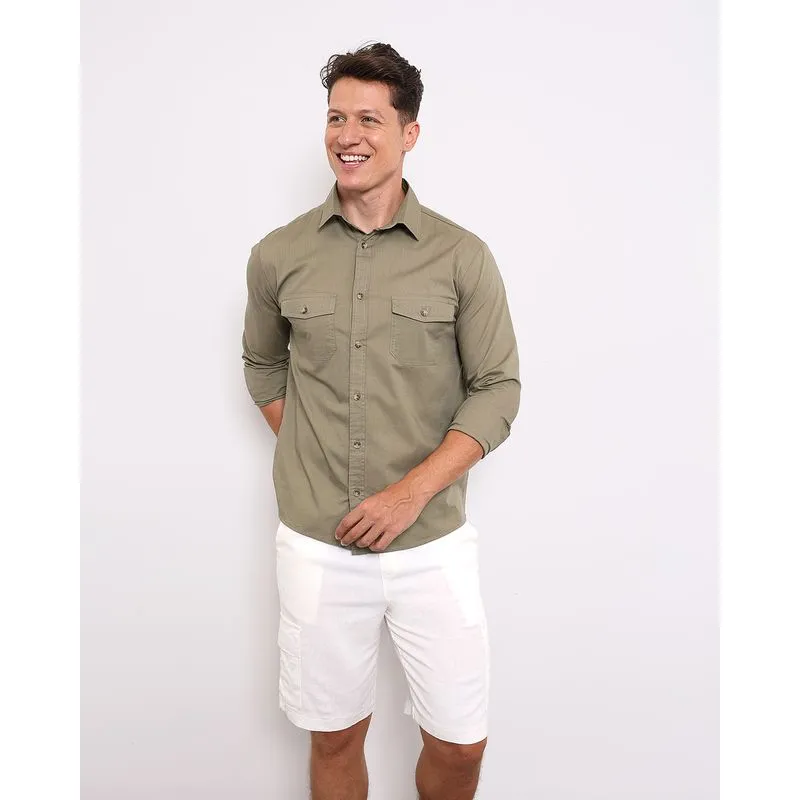 Camisa Masculina Manga Longa Com Bolsos E Botões Verde M