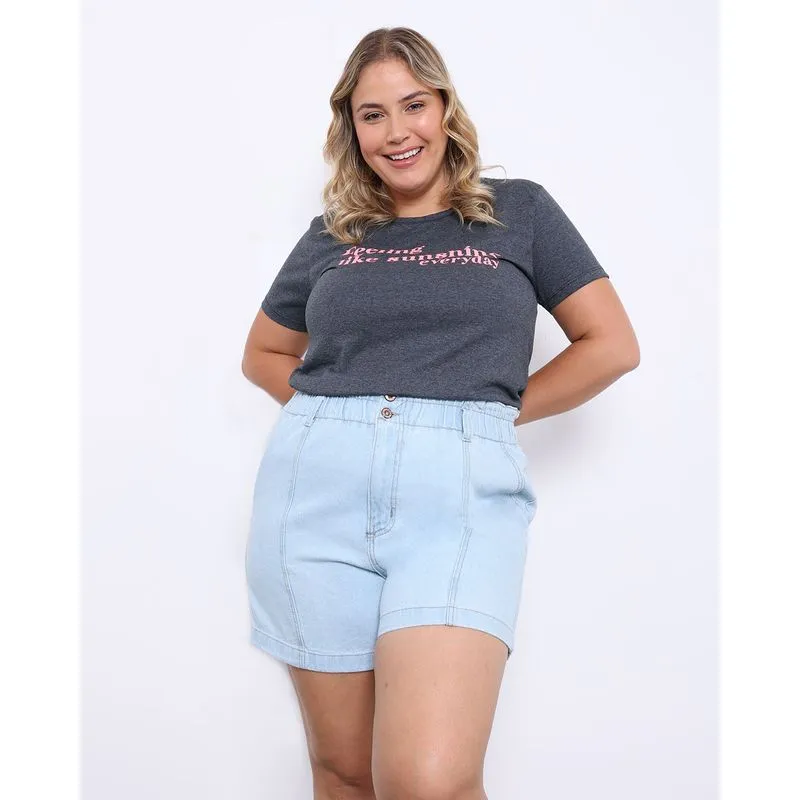 Blusa Feminina Plus Size com Estampa Frase Frontal Manga Curta Gola Redonda Cinza G1