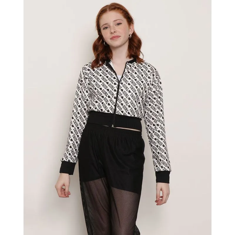 Jaqueta Juvenil Cropped Manga Longa Estampada Branca 14