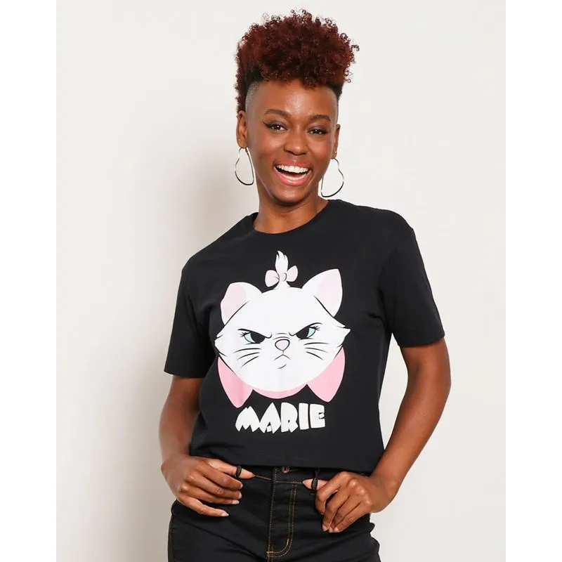 Camiseta Feminina Cropped Disney Marie Manga Curta Preta G