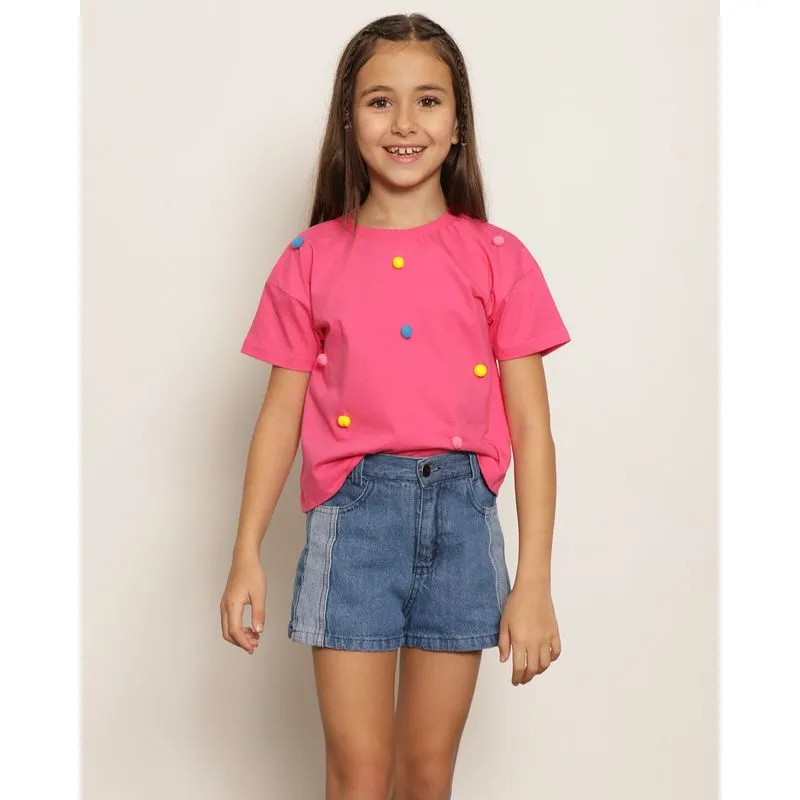 Blusa Infantil Cropped Manga Curta Interativa com Pompom Rosa 6