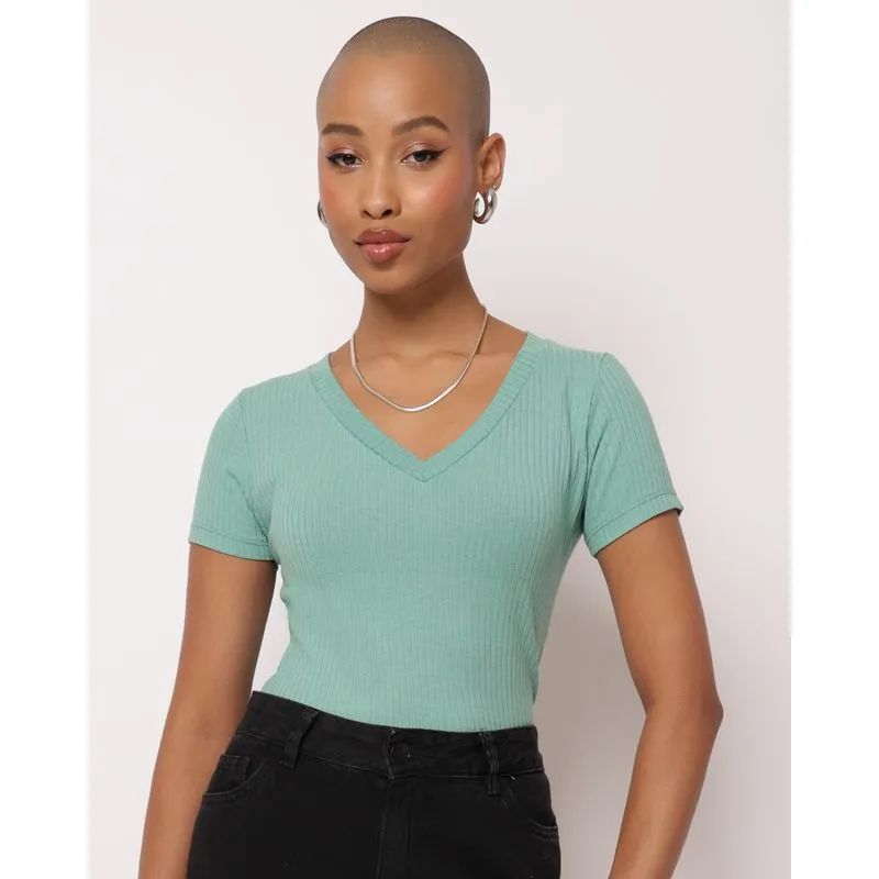 Camiseta Feminina Manga Curta Canelada Verde M
