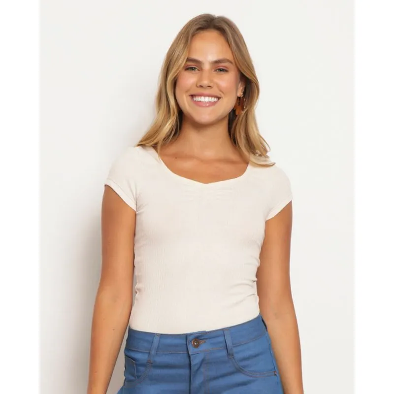 Blusa Feminina Canelada Manga Curta Bege M