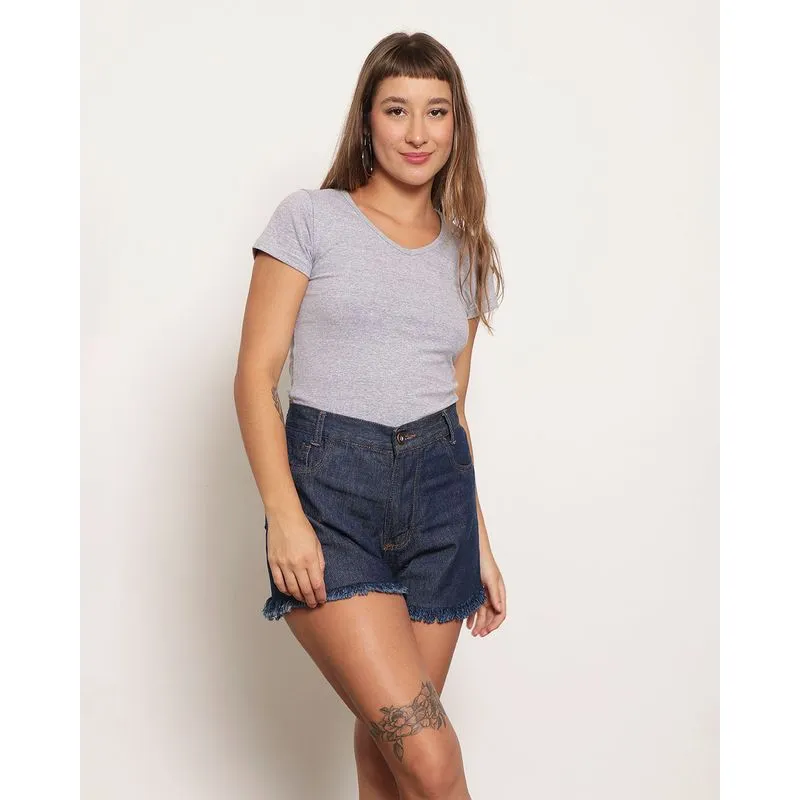 Blusa Feminino Básico Decote V Manga Curta Cinza M