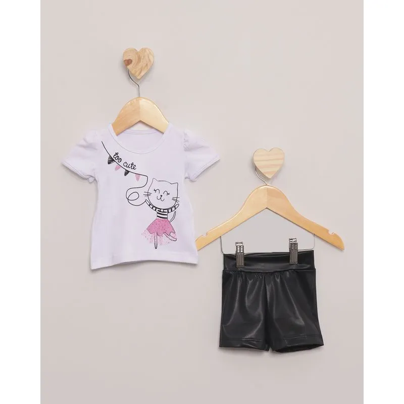 Conjunto Bebê Cirrê Estampa Gatinha Com Tule Branco M