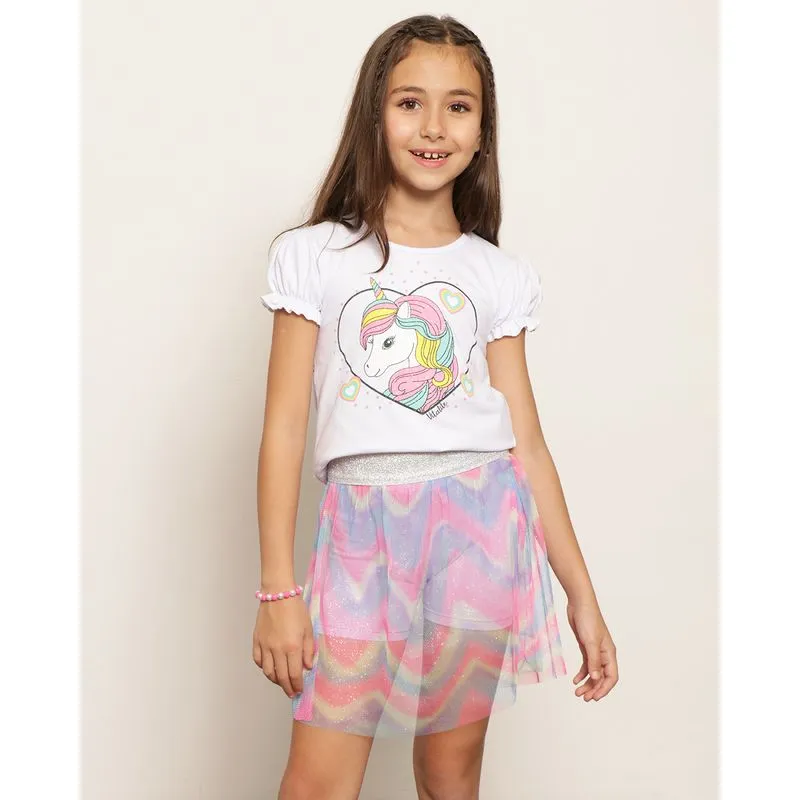 Blusa Infantil Menina com Estampa Unicórnio Manga Curta Gola Redonda Branca 8