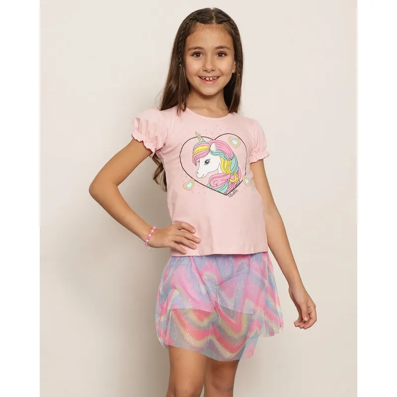Blusa Infantil Manga Curta Estampa Unicórnio Rosa 8