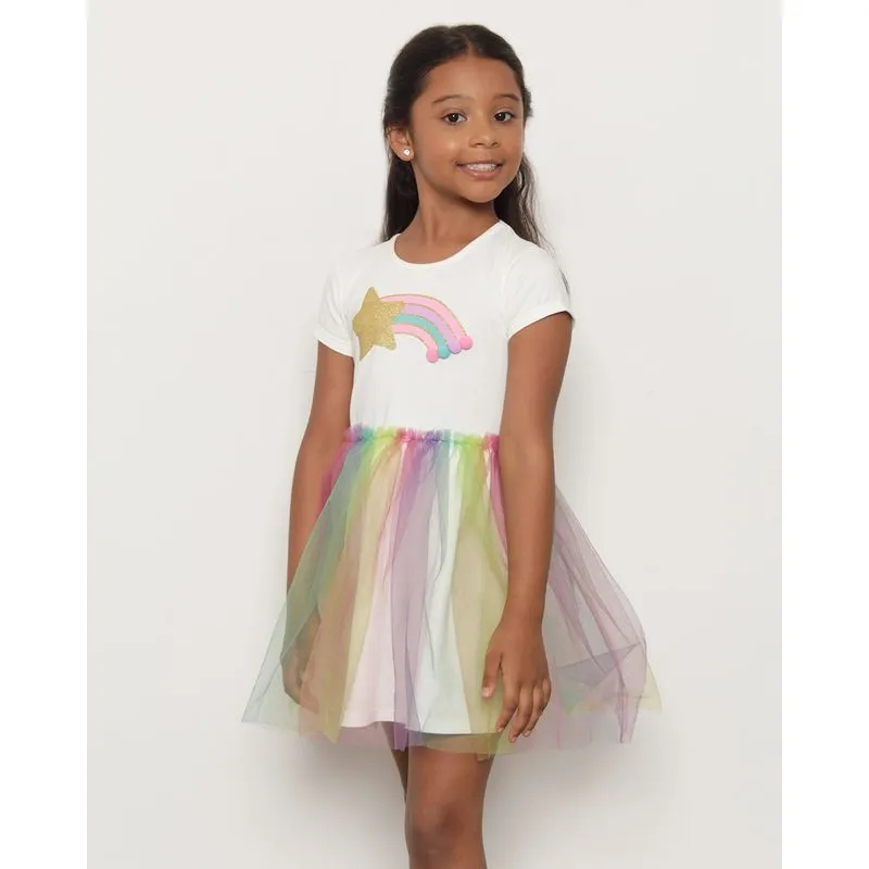 Vestido Infantil Manga Curta Arco Iris Com Tule Off White 4