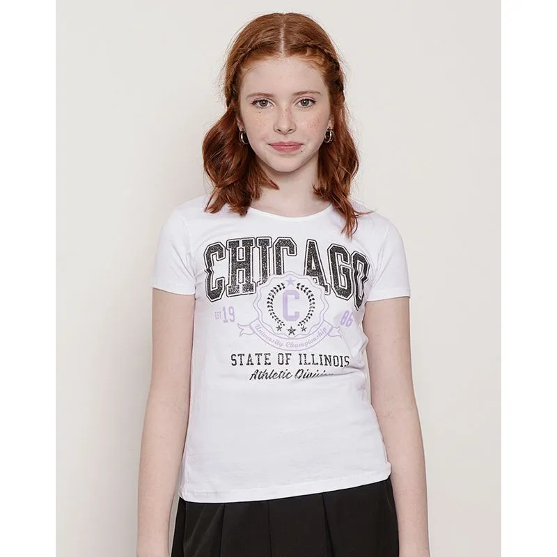 Blusa Juvenil Manga Curta Estampa Frontal Com Glitter Branca 14