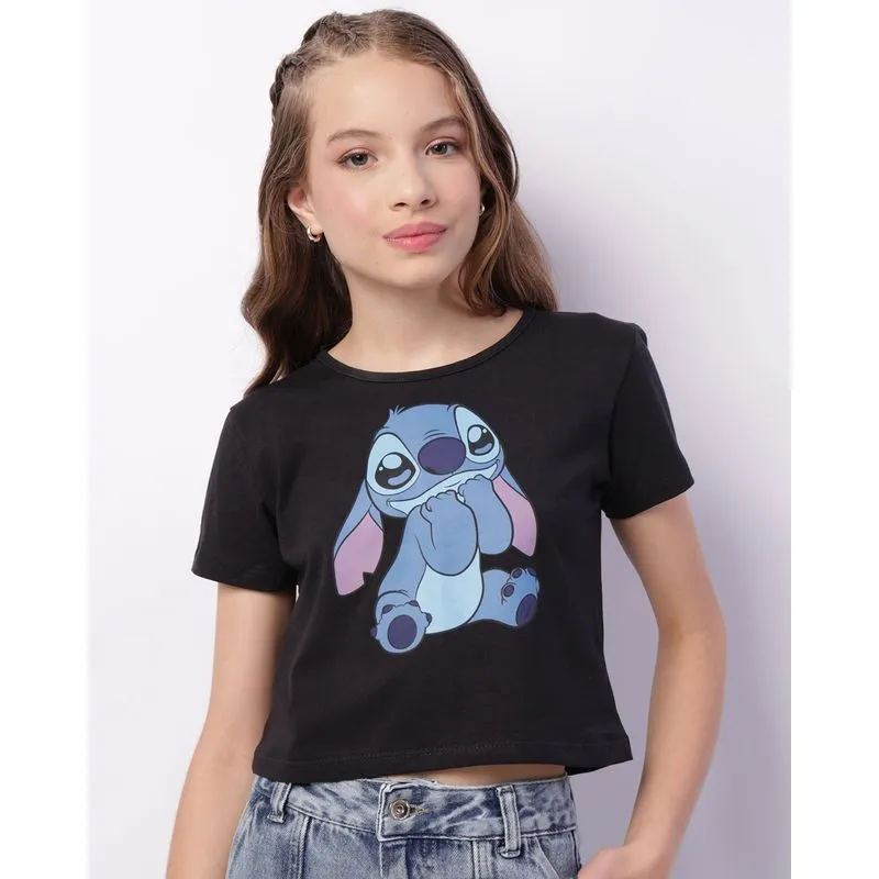 Camiseta Juvenil Disney Stitch Manga Curta Preta 14