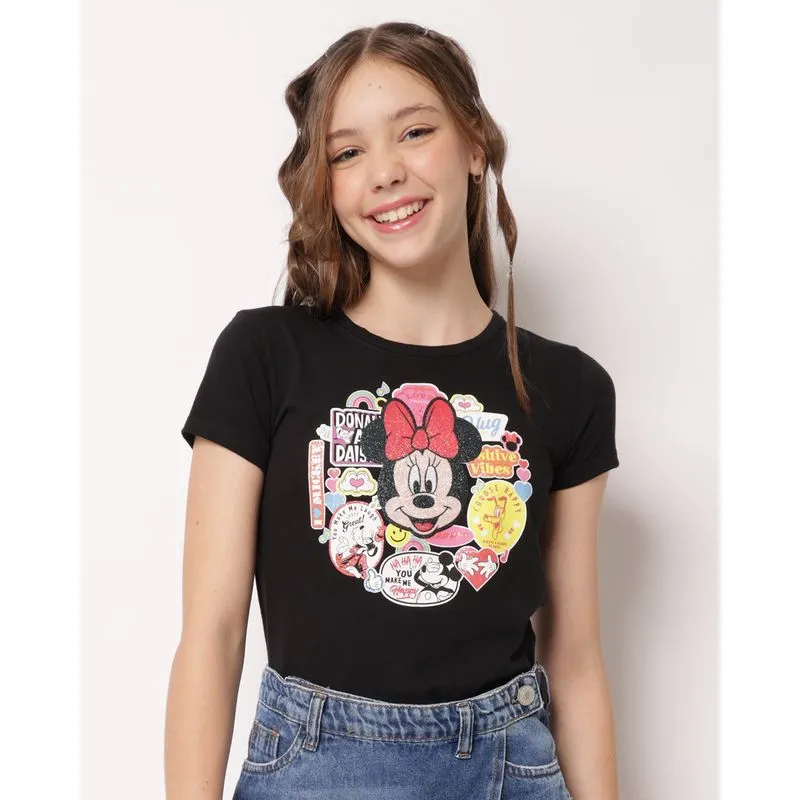Camiseta Juvenil Algodão Disney Minnie com Glitter Manga Curta Preta 14