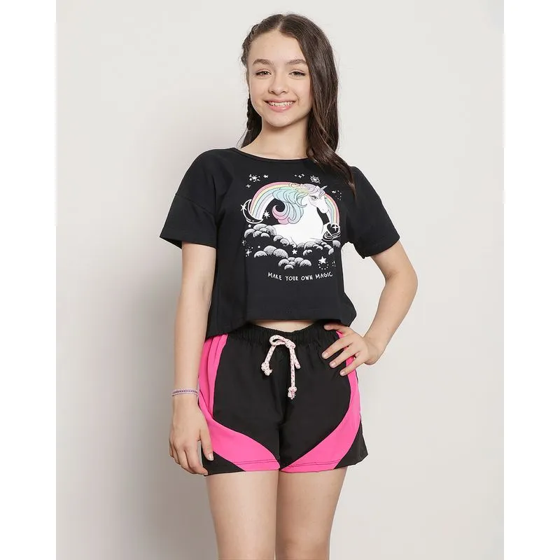 Blusa Juvenil Cropped Unicórnio Abertura Nas Costas + Brinde 2 Colares Preta 10