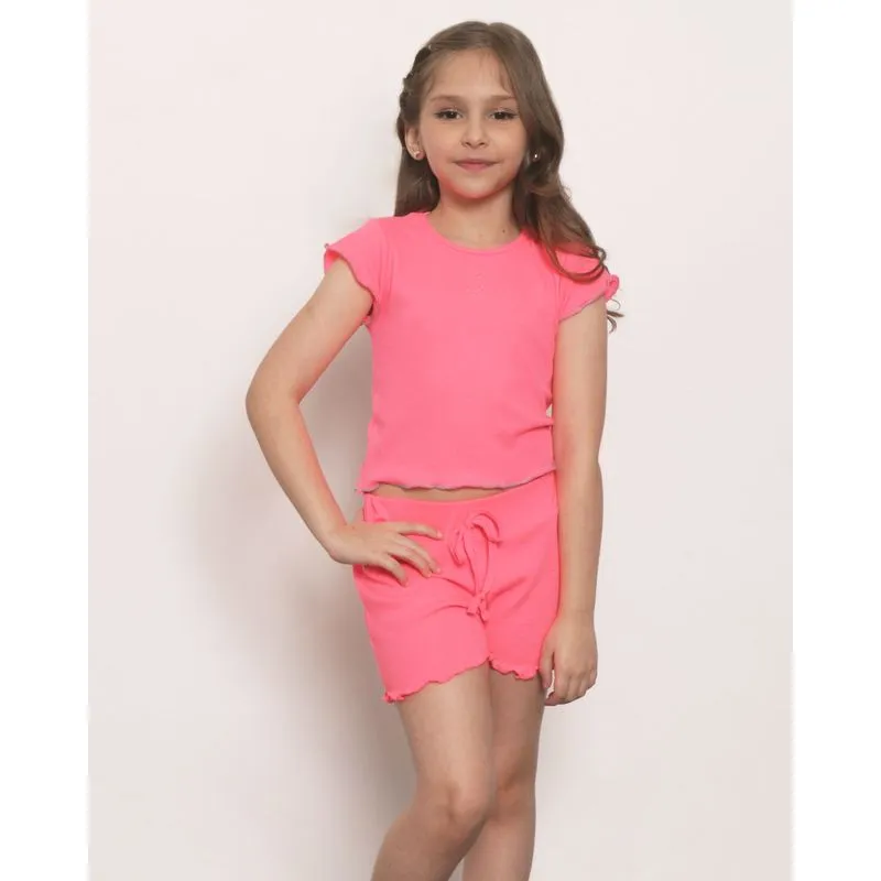 Blusa Infantil Canelada Manga Curta Frufru Rosa Neon 6