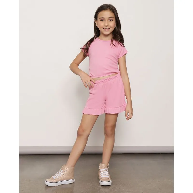 Short Infantil Canelado Com Babados e Frufru Rosa 6