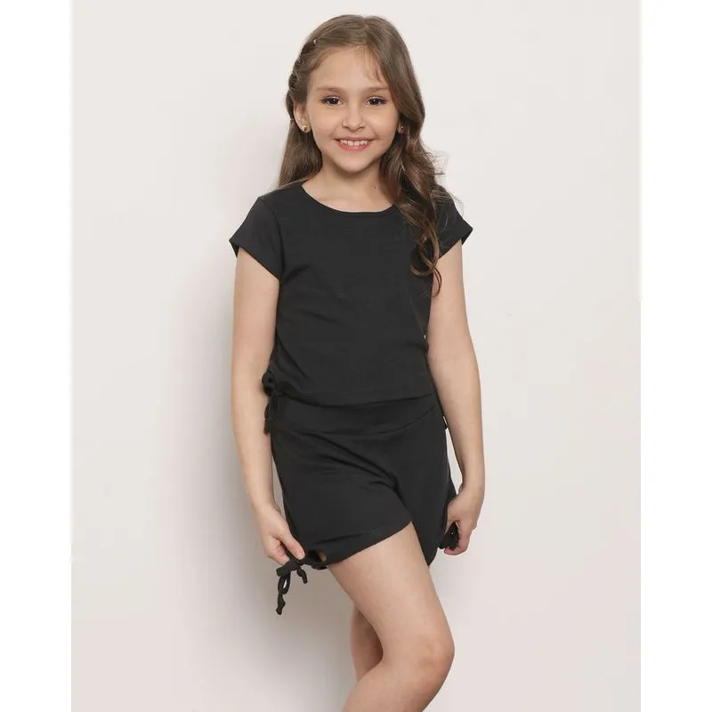 Blusa Infantil Manga Curta Canelada Com Amarração Preta 4