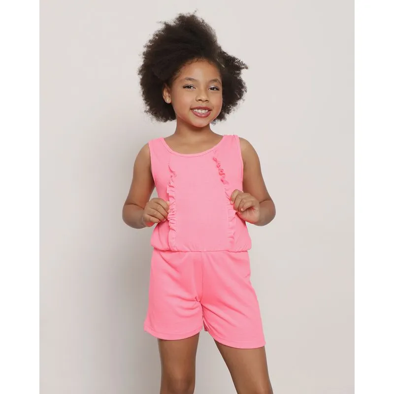 Macaquinho Infantil Curto Com Babados Neon Rosa 4