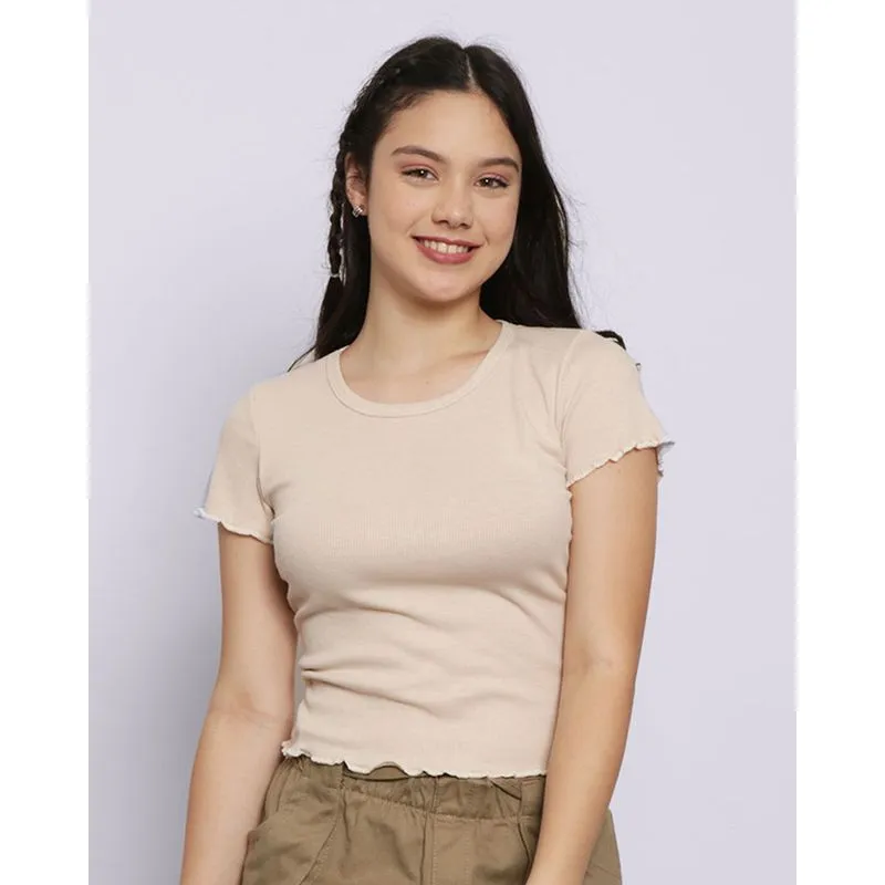 Blusa Juvenil Manga Curta Canelada Frufru Bege UN