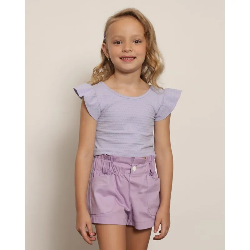 Blusa Infantil Cropped Texturizado Manga Curta Frufru Lilás 4