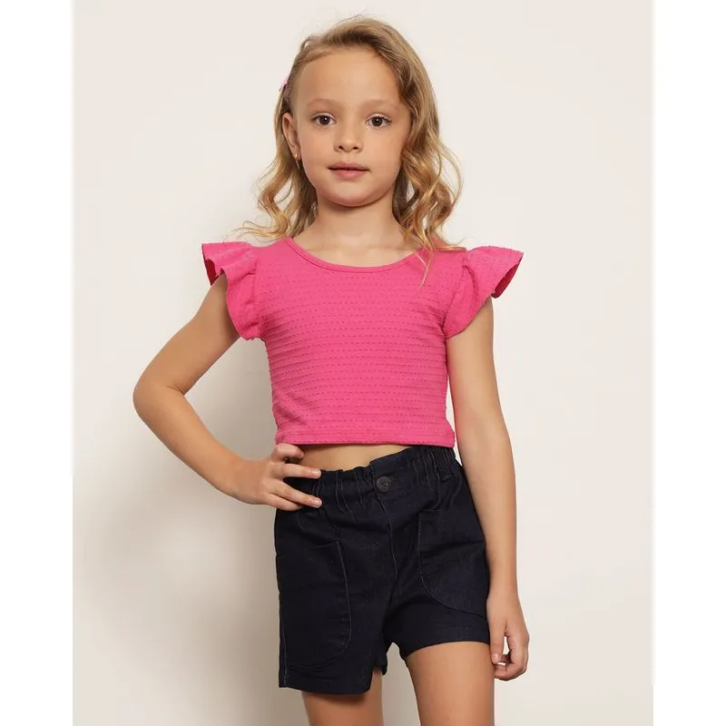 Blusa Infantil Cropped Texturizado Manga Curta Frufru Rosa 4