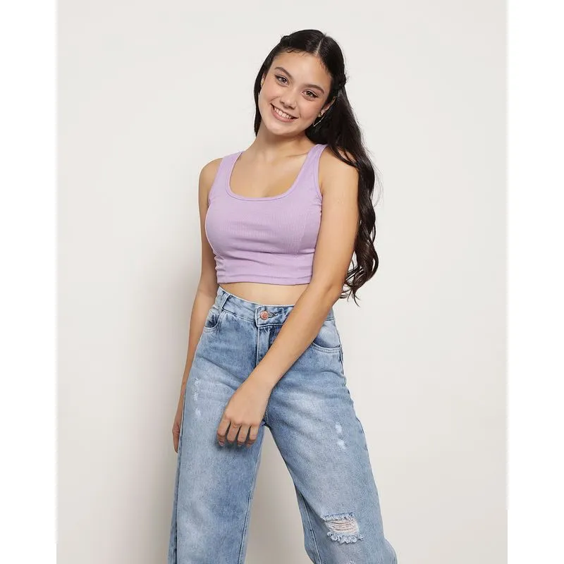 Blusa Juvenil Cropped Canelada Com Recorte Frontal Lilás 14