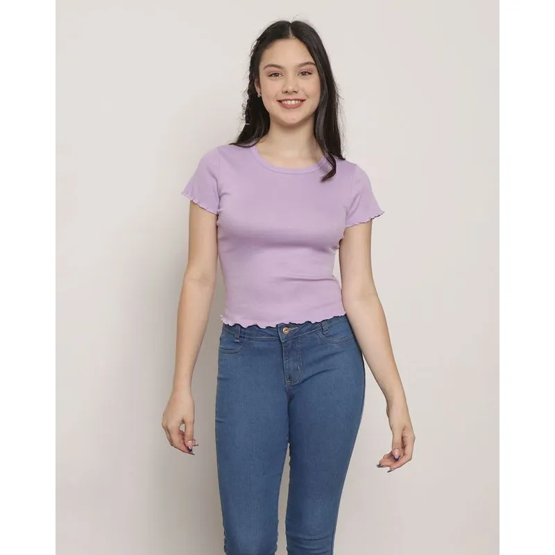 Blusa Juvenil Manga Curta Canelada Frufru Lilás 14