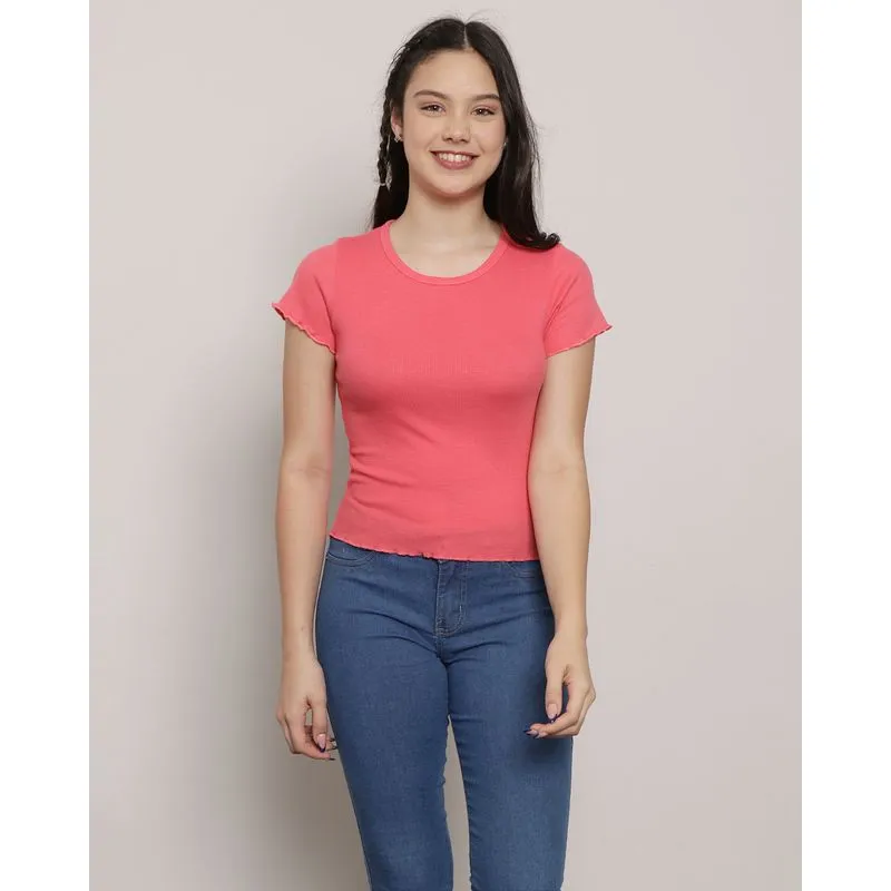 Blusa Juvenil Manga Curta Canelada Frufru Rosa 12