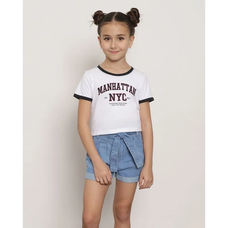 Blusa Infantil Cropped Manga Curta Estampa Branca 8
