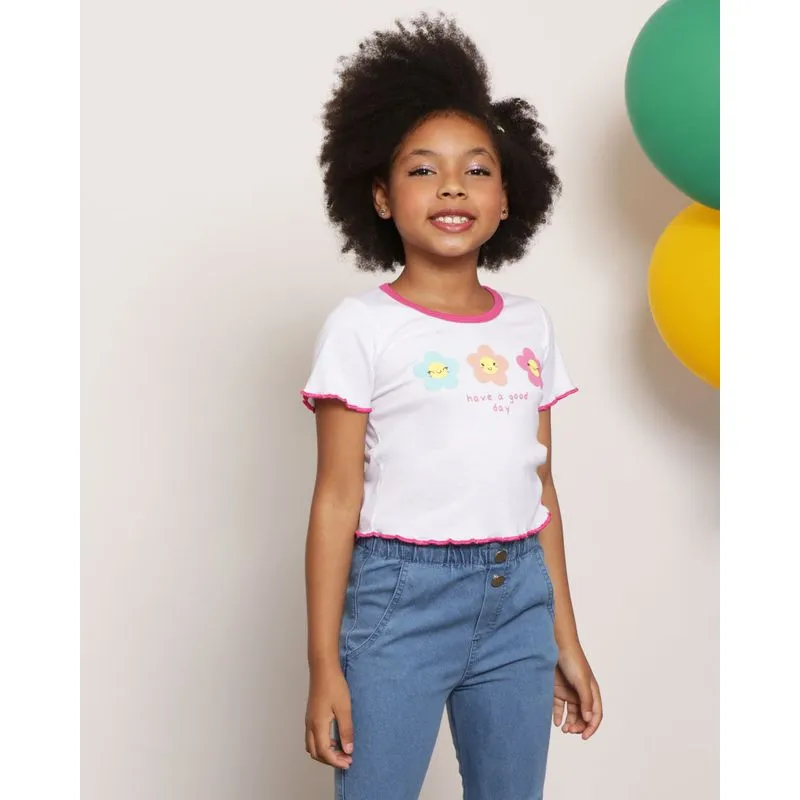 Blusa Infantil Manga Curta Frufru Flores Branca 6