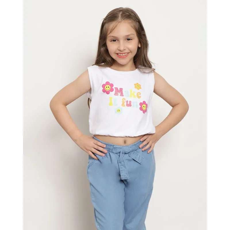 Regata Infantil Cropped Estampa Flores Com Elástico na Barra Branco 8