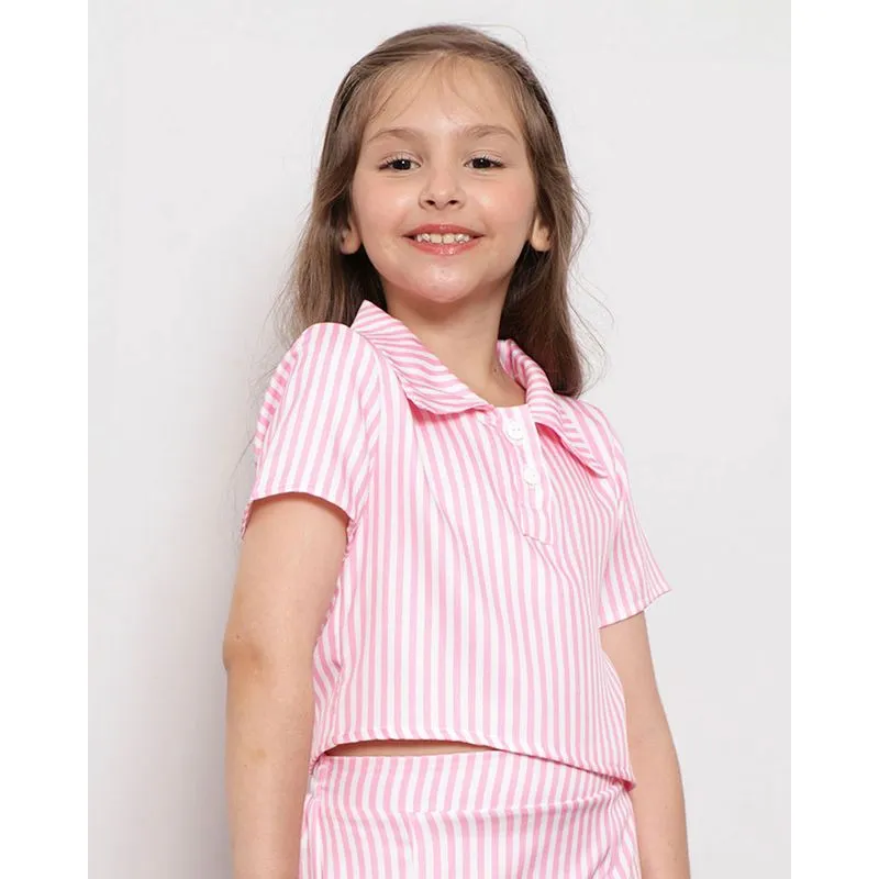 Camisa Infantil Listrada Manga Curta Rosa 4