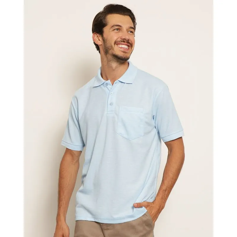 Camisa Polo Masculina Piquet Com Bolso Manga Curta Azul P