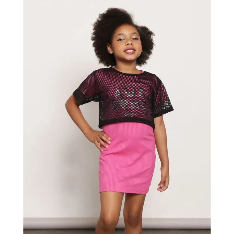 Vestido Infantil Manga Curta Malha Canelada Com Sobreposição De Blusa Telada 6