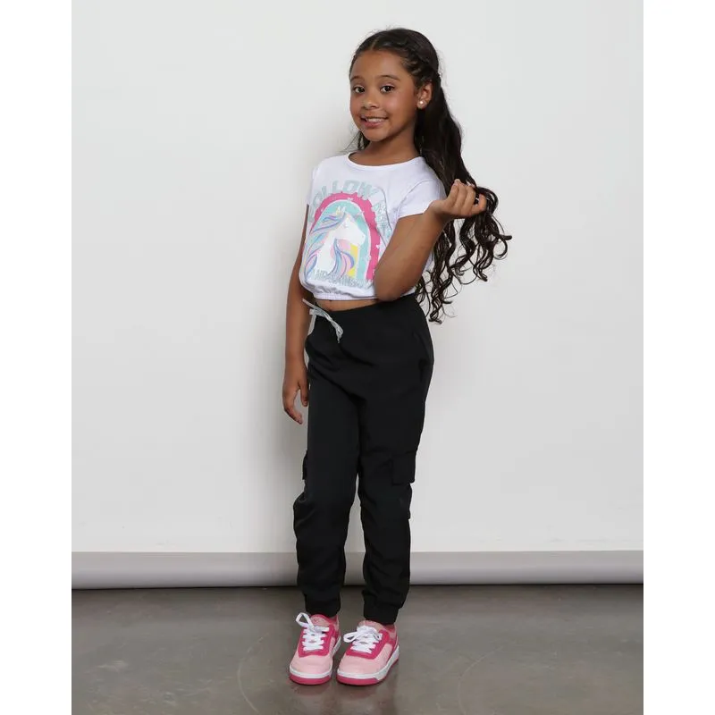 Calça Infantil Jogger Bolso Cargo Com Cordão Glitter Preta 6