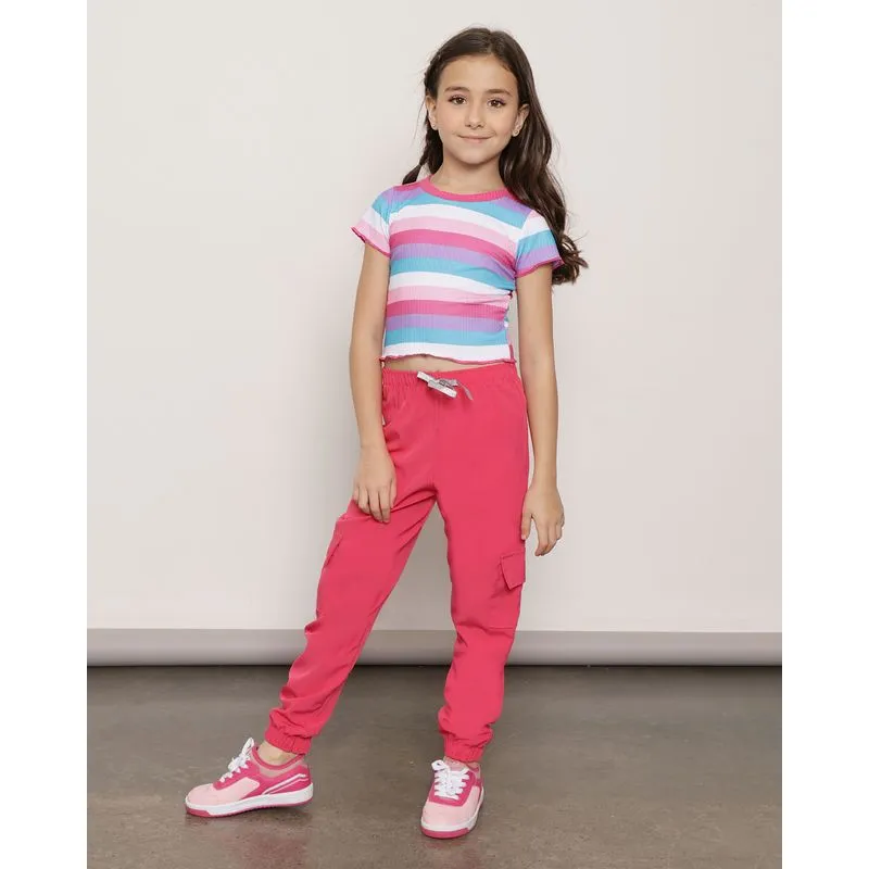 Calça Infantil Jogger Bolso Cargo Com Cordão Glitter Rosa 10