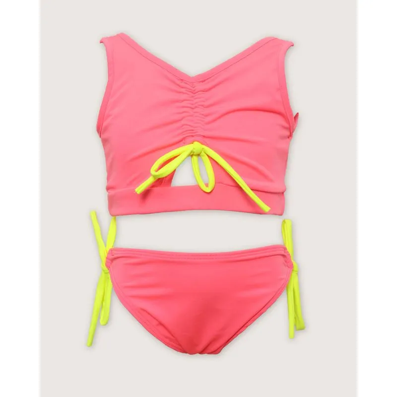 Conjunto Biquíni Regata Infantil Com Amarração Rosa Neon 4