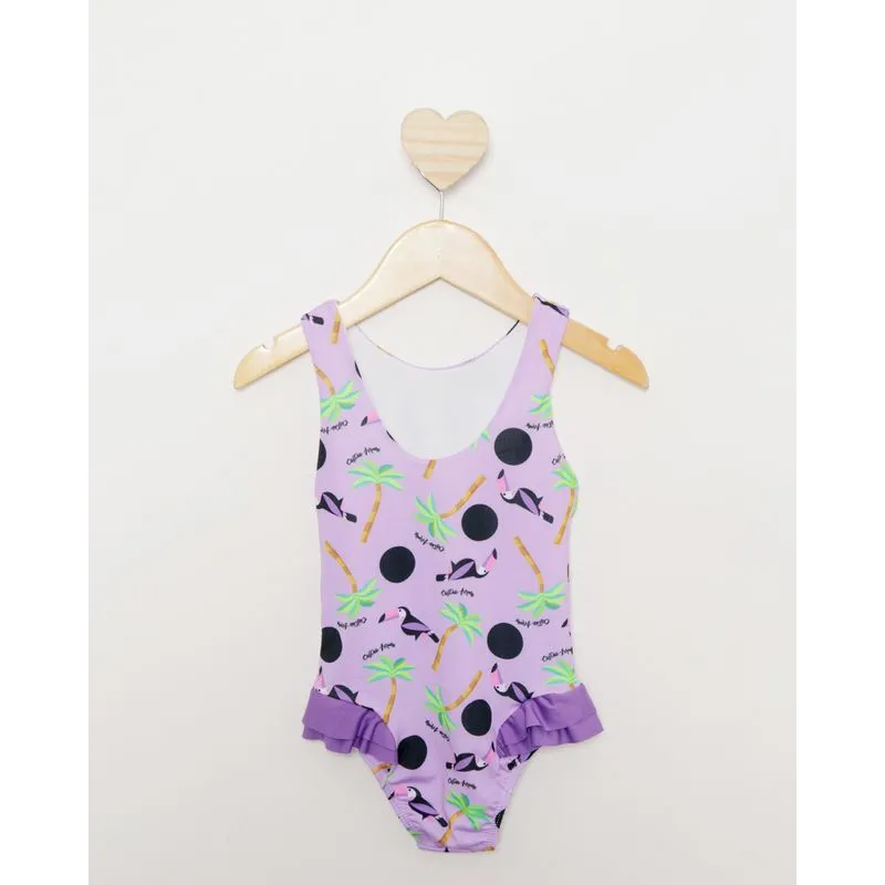 Maiô Bebe Estampado Tucano Com Babado Proteção UV 50+ Lilás 3