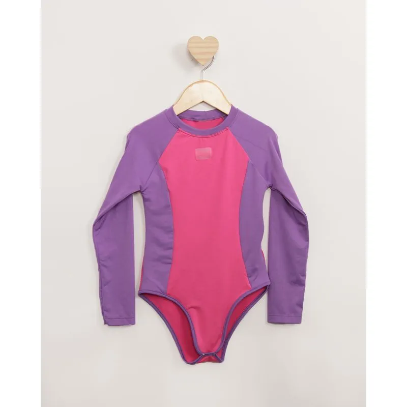 Maiô Infantil Proteção Uv +50 Manga Longa Raglan Recortes Roxo 6
