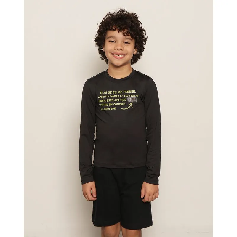 Camiseta Infantil Menino Estampa com QRCode Proteção UV Manga Longa Preta 8